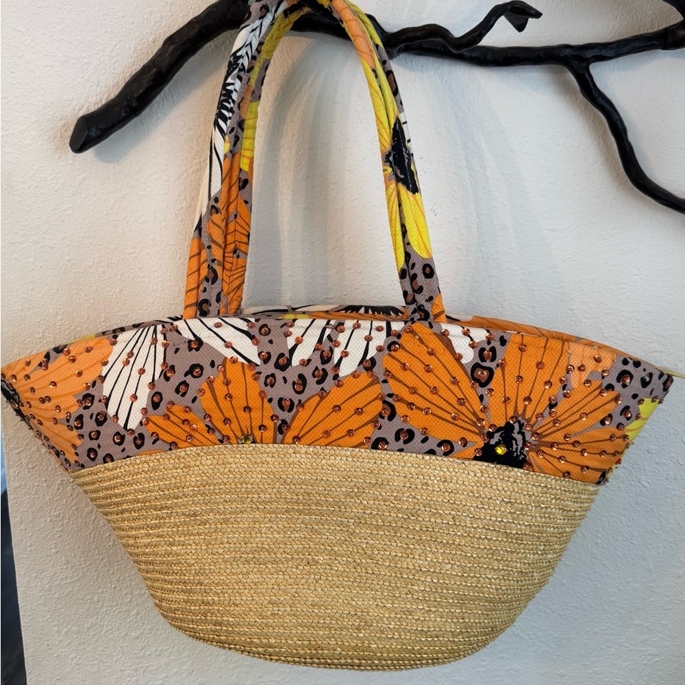 Floral Orange & Tan Embellished Straw Bag